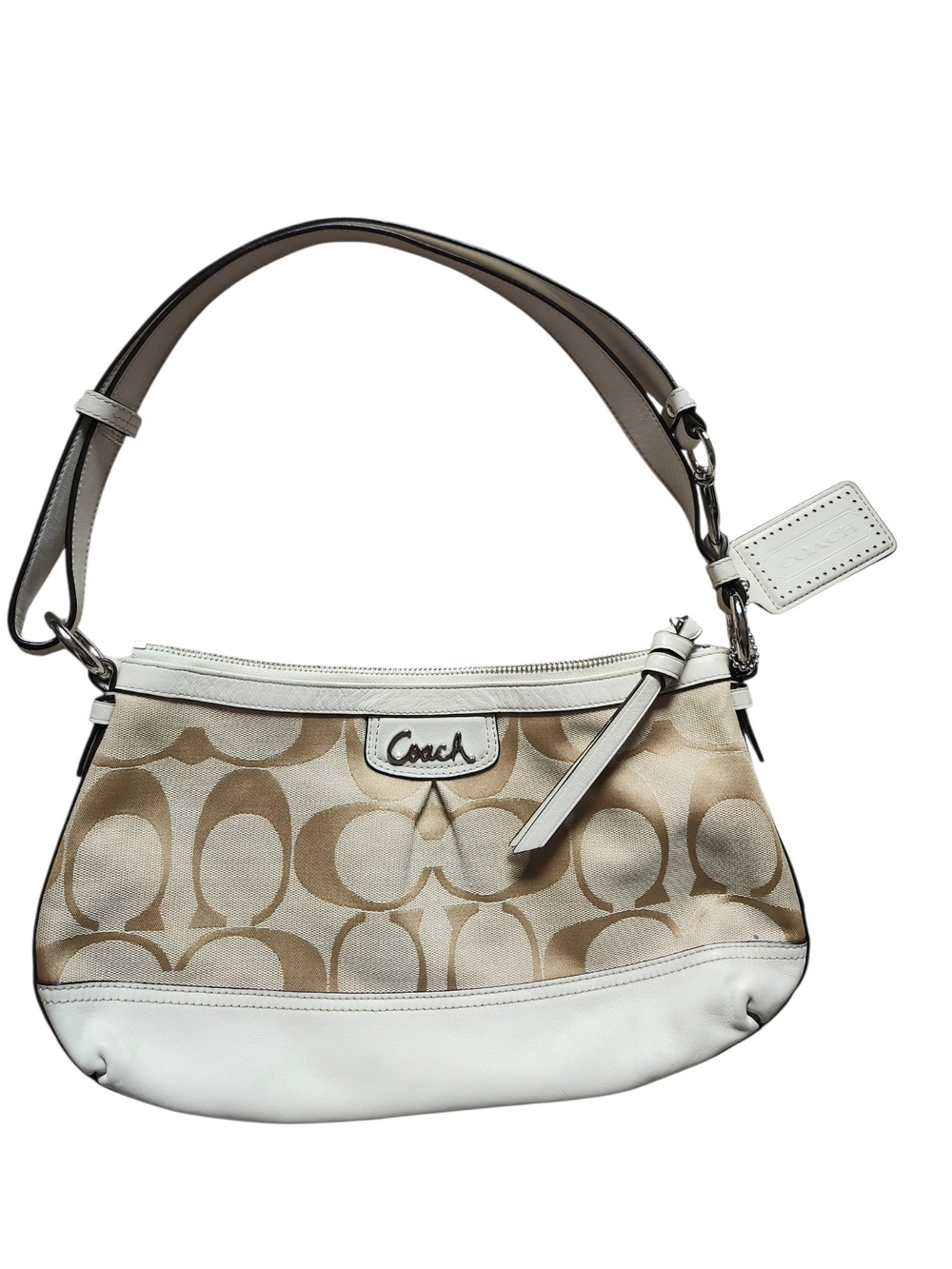 Coach Beige Signature Canvas and White Leather Shoulder Bag